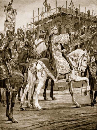 Edward the Confessor watching the building of Westminster Abbey, the first Norman church erected in England, illustration from 